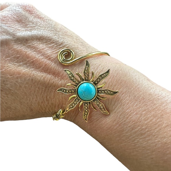 Vintage Gold and Turquoise Sunflower Wrap Bracelet - Picture 1 of 6